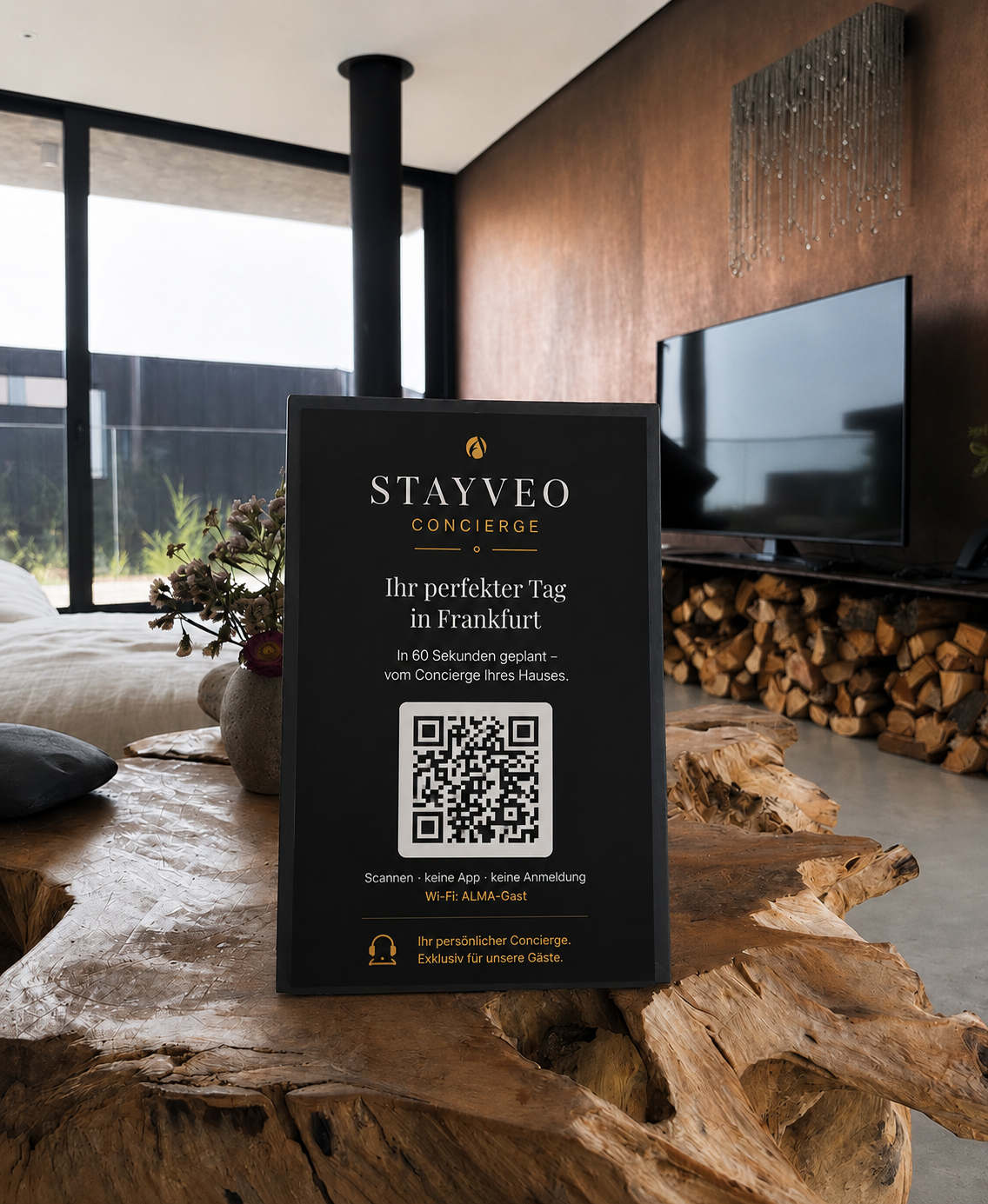 Schwarzer Stayveo QR-Aufsteller im Hotelzimmer auf einem Holztisch