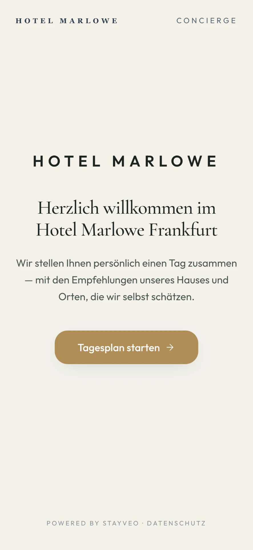 Willkommens-Screen des Hotel Marlowe