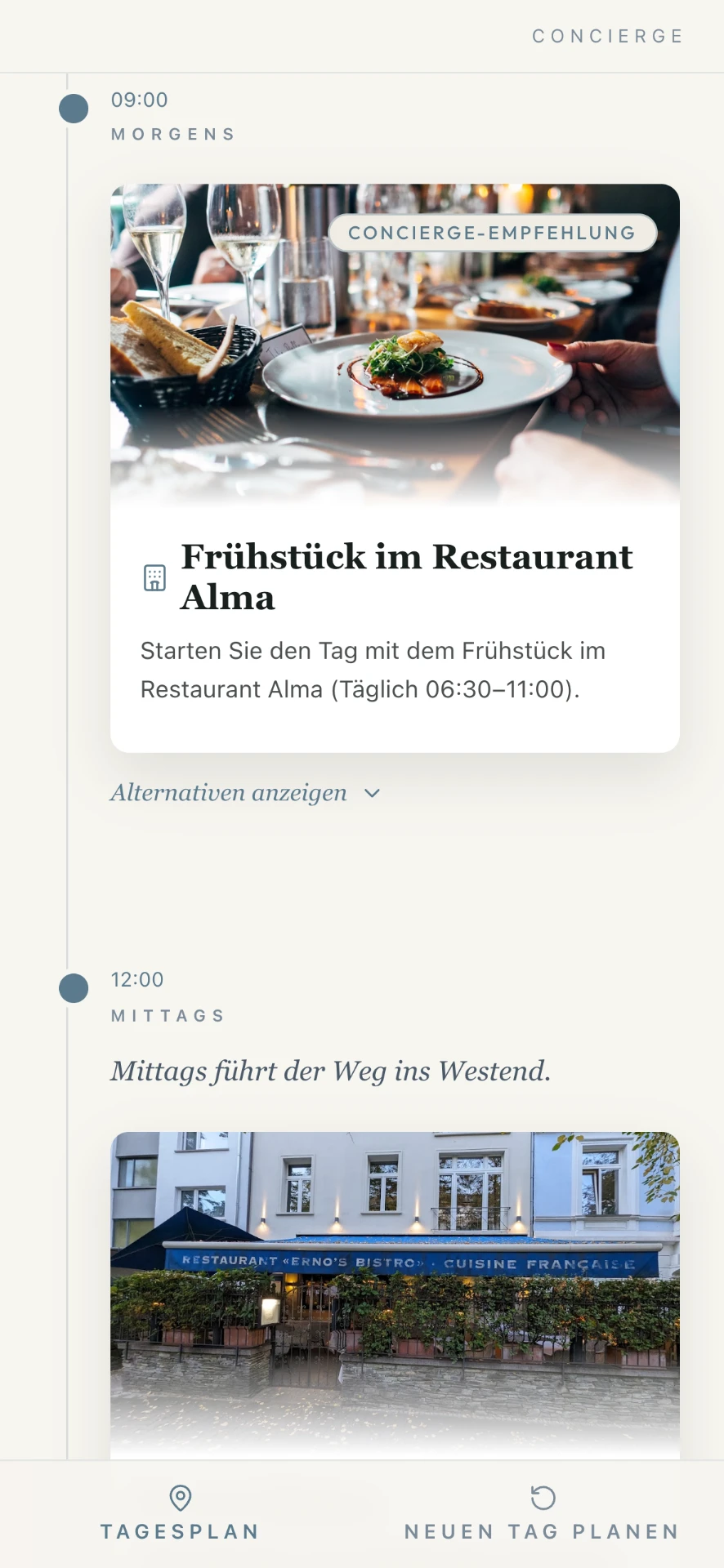 Tagesplan im ALMA Hotel im eigenen Farbthema