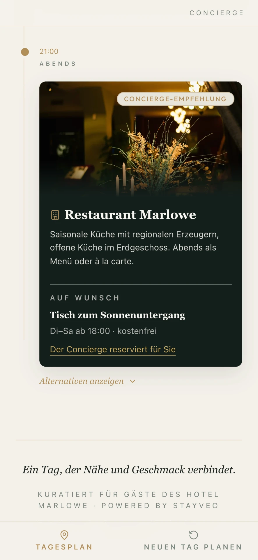Tagesplan des Hotel Marlowe mit einer Restaurant-Empfehlung des Concierge